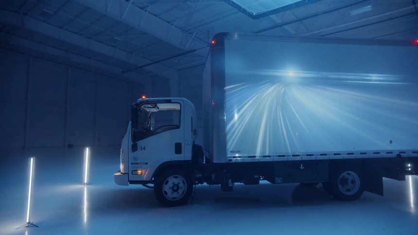 A projection shines on the side of a truck in a warehouse