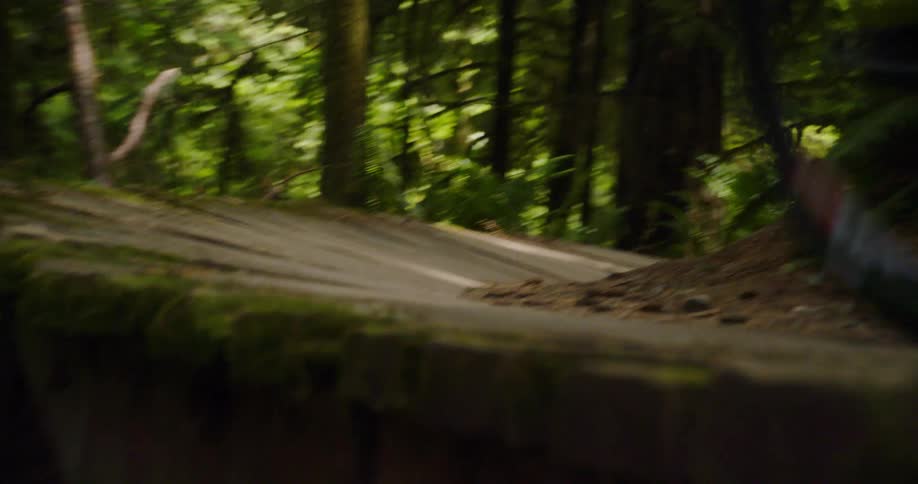 A bicyclist rides on a wood path in a forest