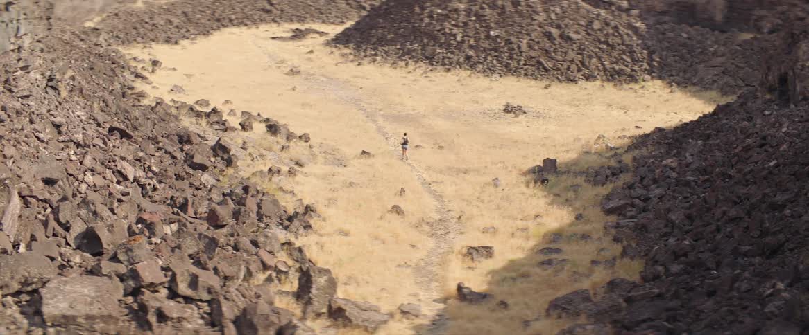 A person walks in the desert around the rocks