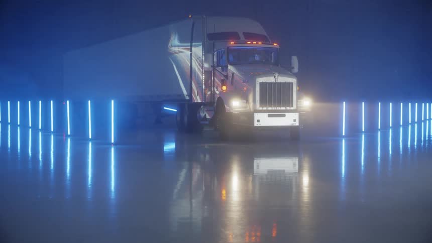 A trailer is parked behind the neon lights