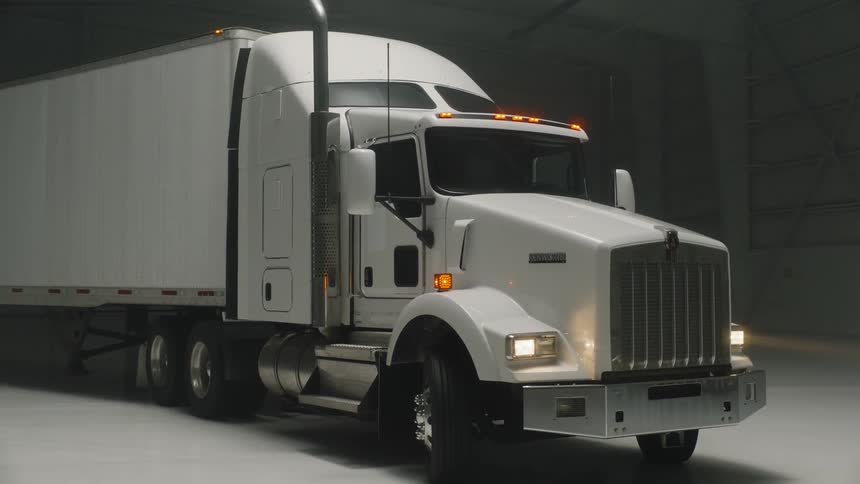 A semi-truck is parked in a warehouse