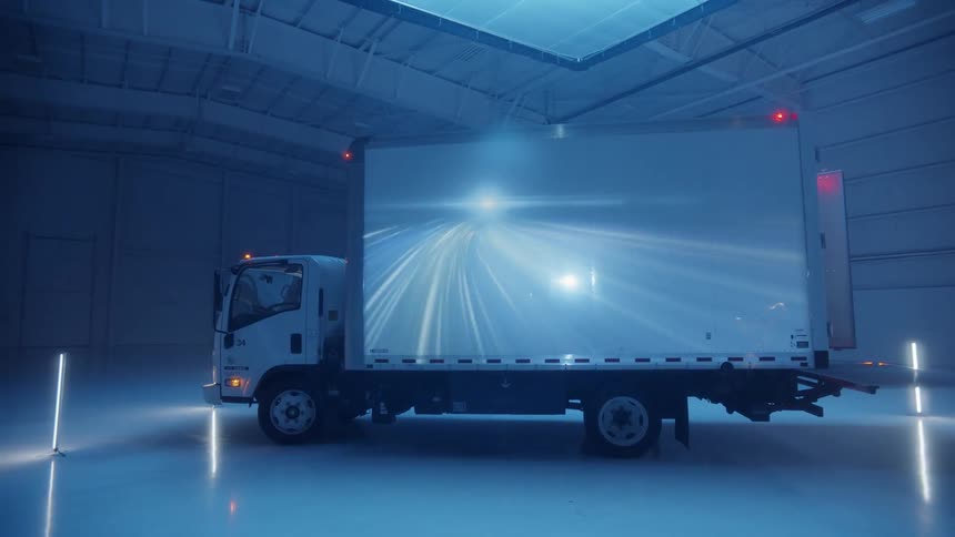 Video screen on the side of a truck in a warehouse