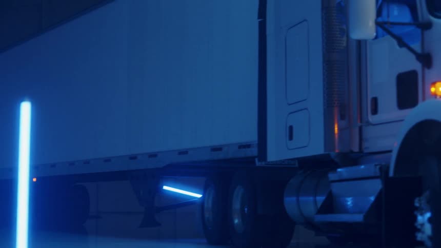 Semi truck parked in a large garage illuminated with blue lights