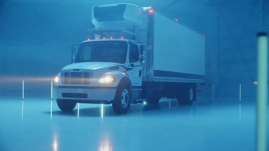 Lights flash around a large truck in a warehouse