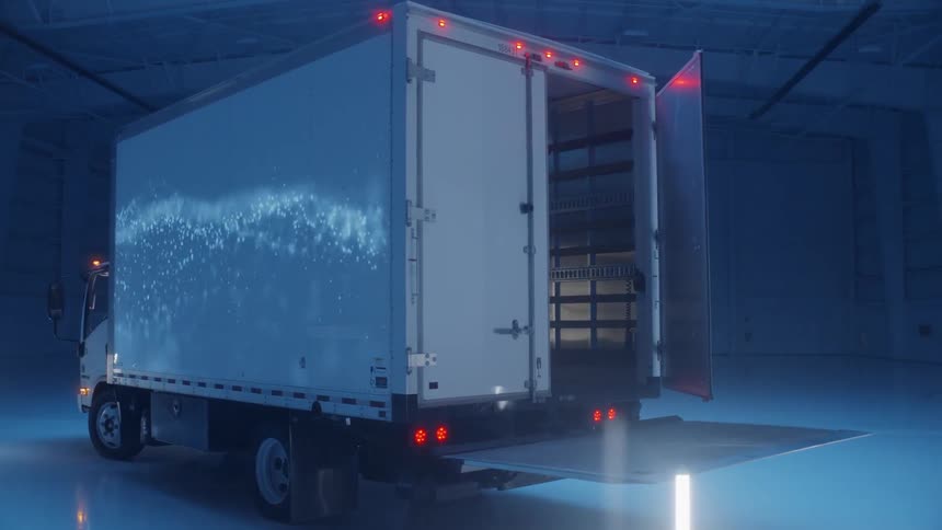 A large truck is parked in a warehouse with glowing lights