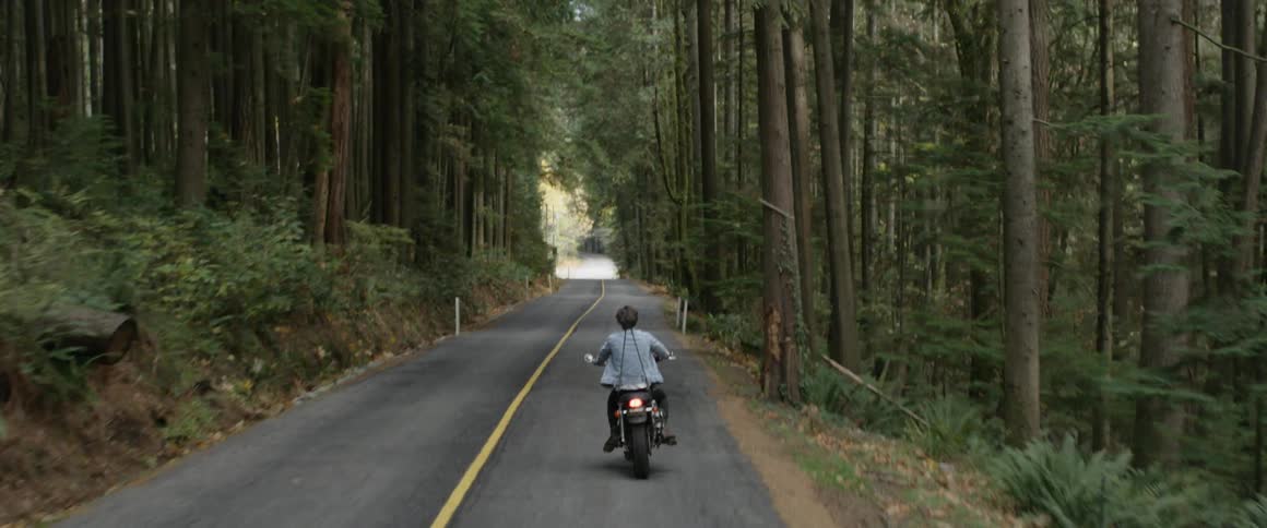 A motorcyclist rides on the forest road