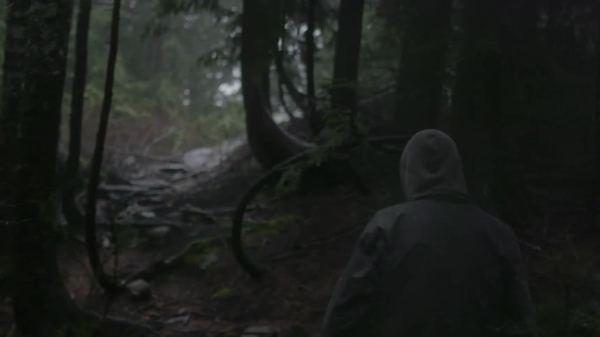 Man walking through the woods on a cold day