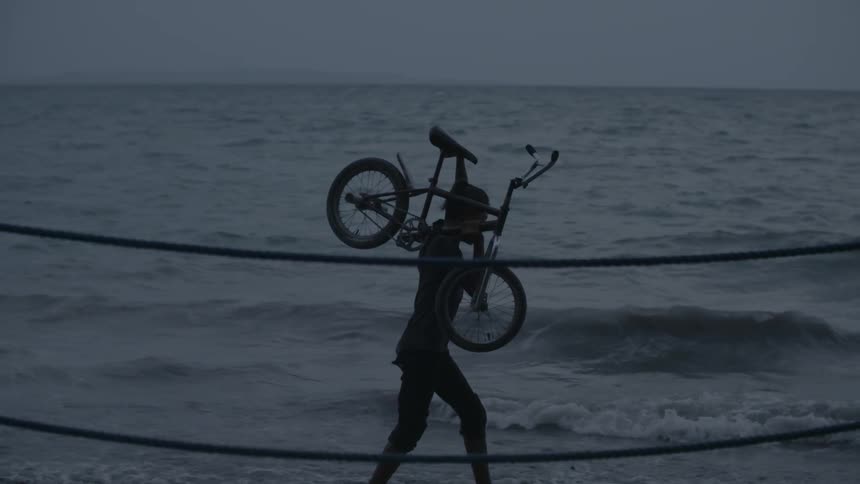 Child carrying bike on their shoulders by the ocean