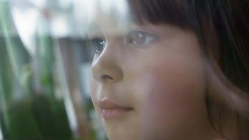 A little girl stares off into the distance behind a window with a reflection