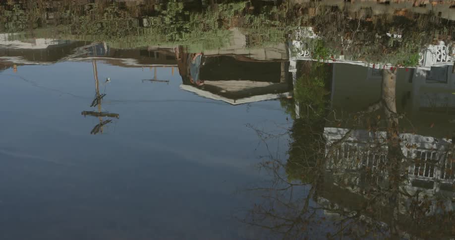 A man and woman are reflected in the water as they walk