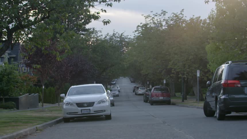 Cars line a neighborhood street in the morning