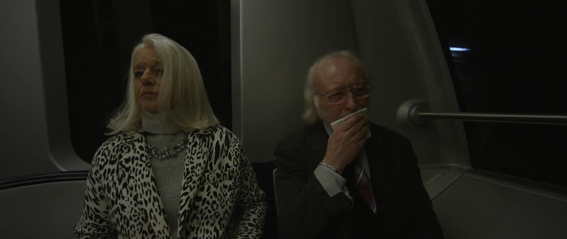 An older man and woman, dressed for a night out on the town, ride in a subway