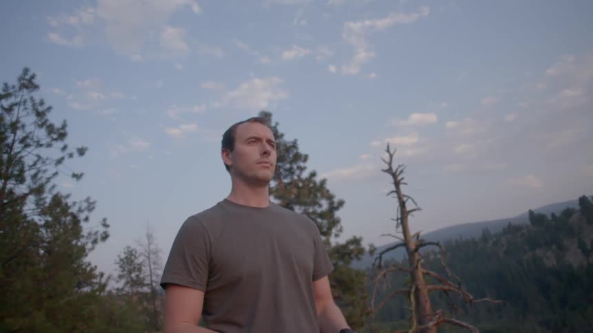 A man stands and gazes in the forest