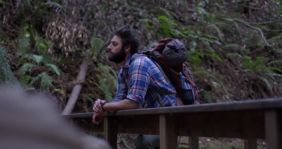 A hiker leans on the bridge in the woods