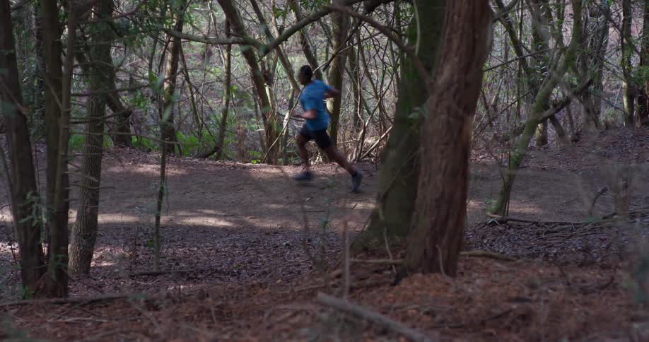 Man is jogging on trail in shady forest