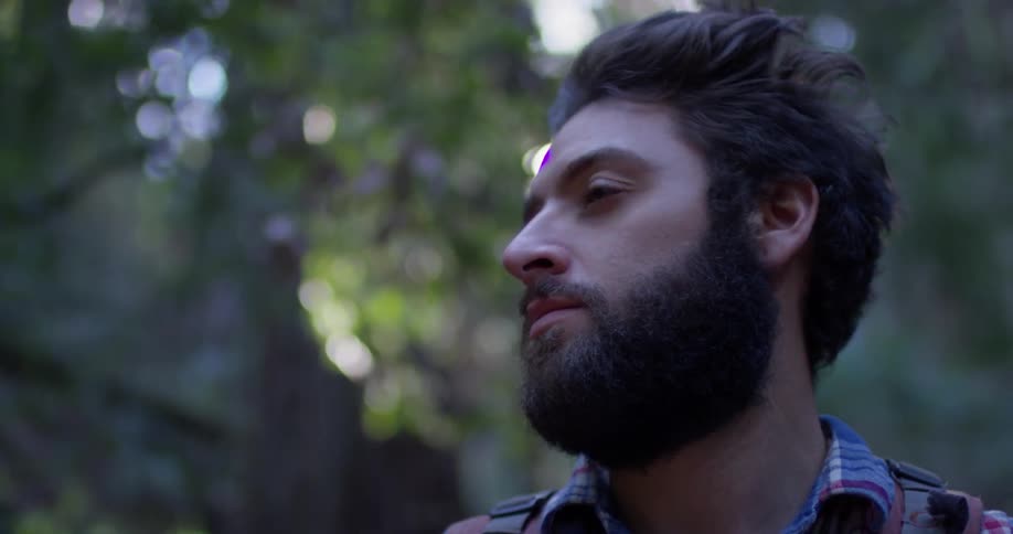 A man looks around in the woods