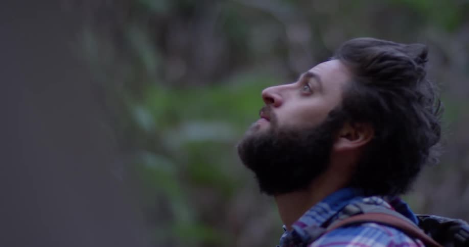 A hiker looks around in the woods
