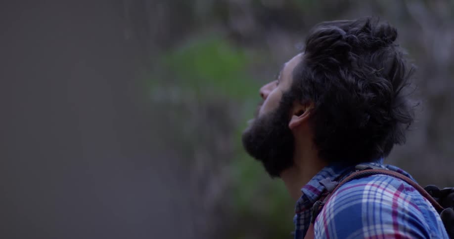 A hiker looks around in the woods