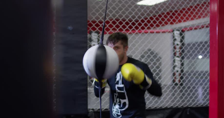 A boxer hits a punching bag at a gym