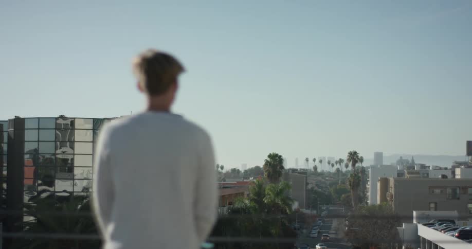A man stands overlooking a city on a sunny day