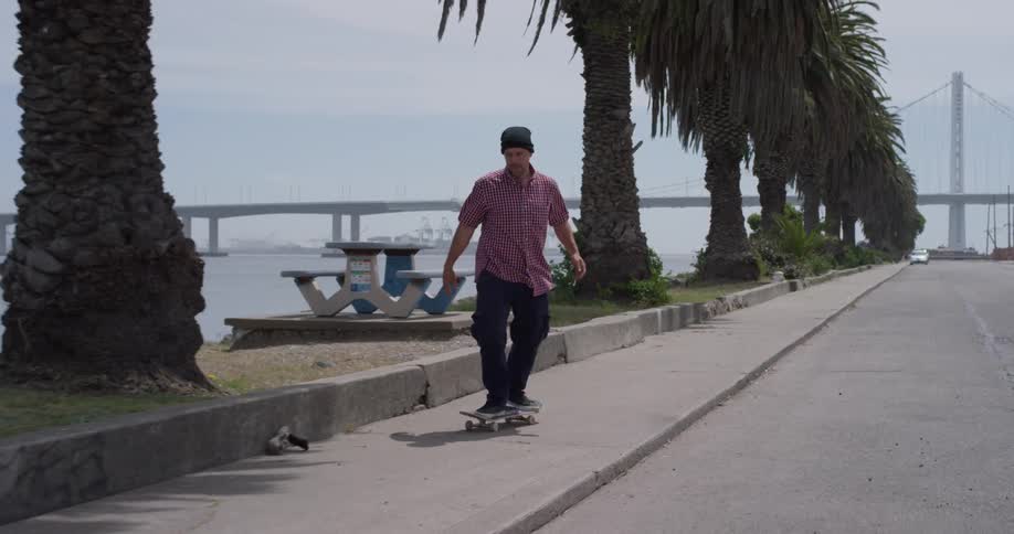 A man is skateboarding on a sidewalk near a bay in daylight
