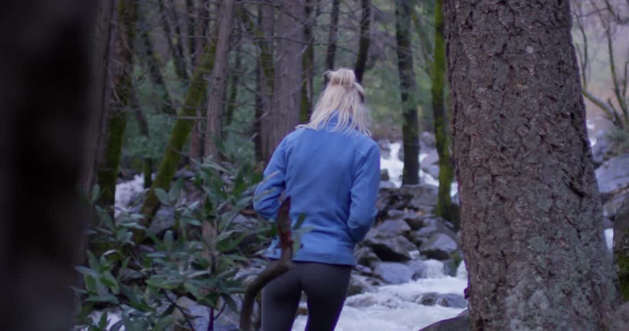 A woman hikes past a tall tree