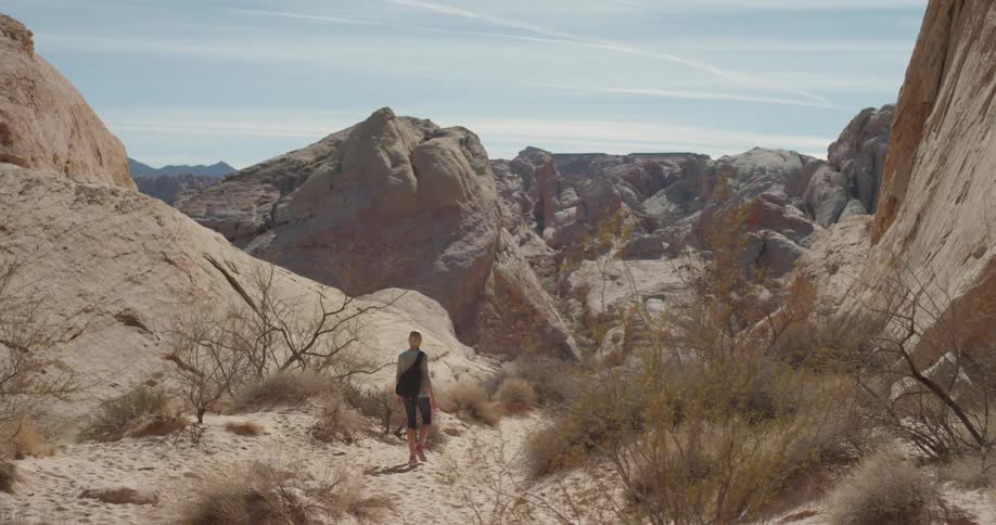 A woman hikes in a desert
