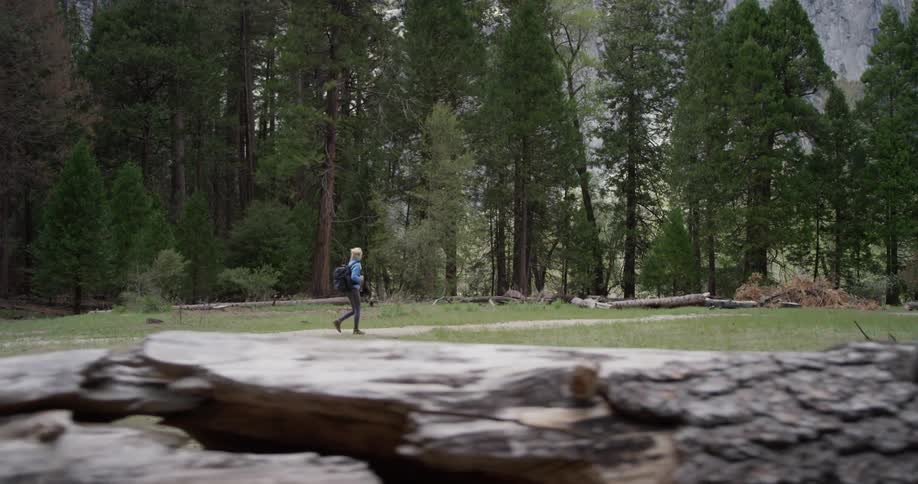 A woman hikes alone in a forest