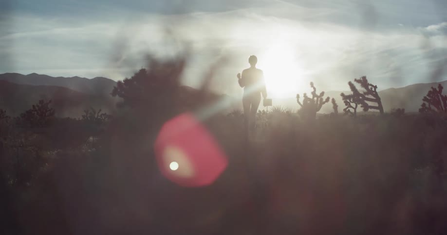 A woman walks alone in a desert on a sunny day
