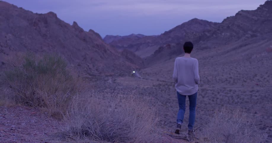 Woman walks through the desert in the evening