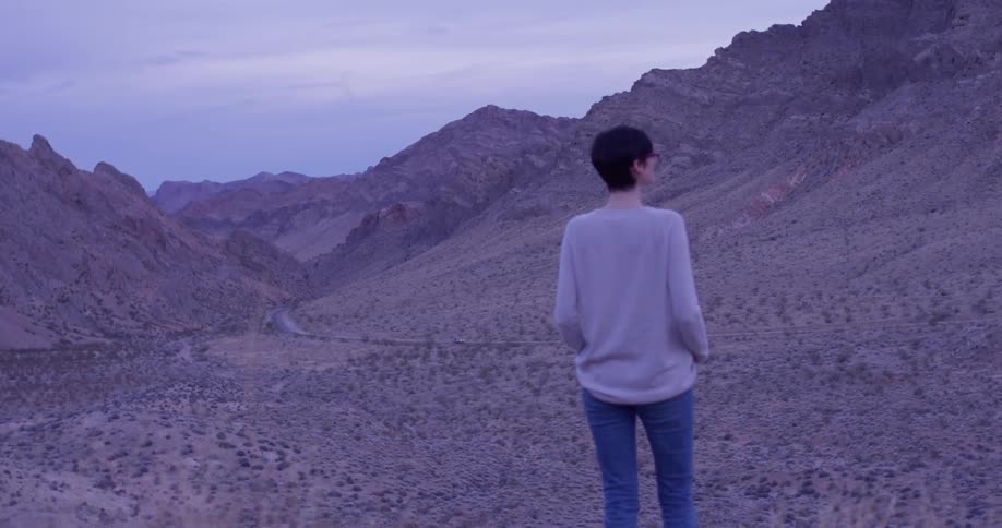 A woman stands alone in a desert