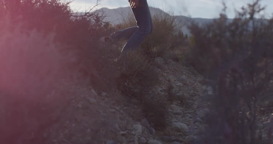 The person hikes through the large brush