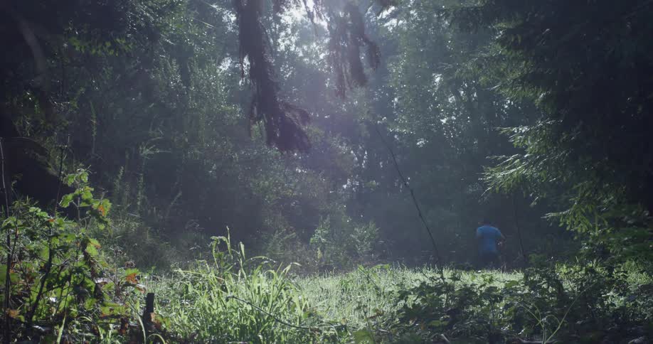 A man runs into the woods