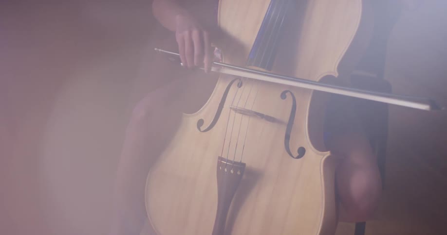 A person is playing the double bass in the foggy room