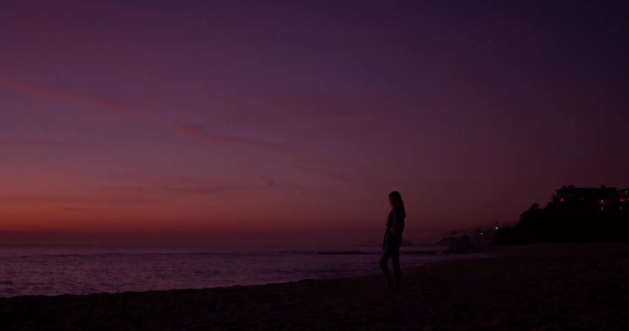 A woman stands on a beach at sunset