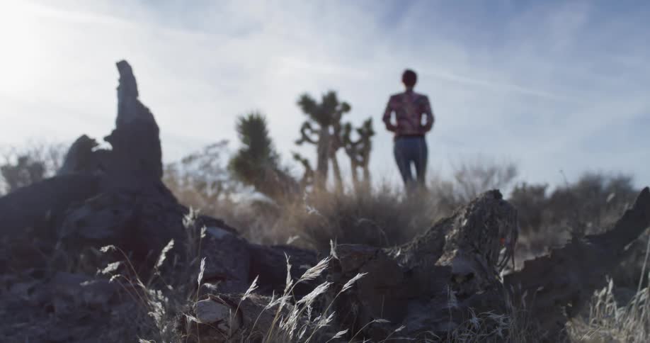 A woman walks in the desert stepping over brush