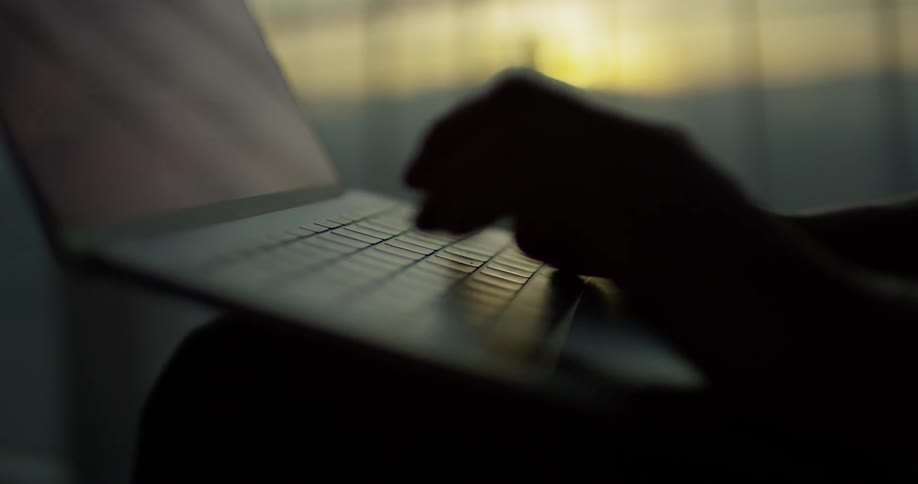 A person types on a laptop at sunset