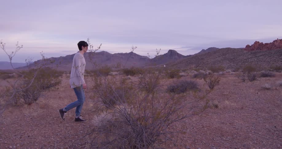 A woman walks alone in desert