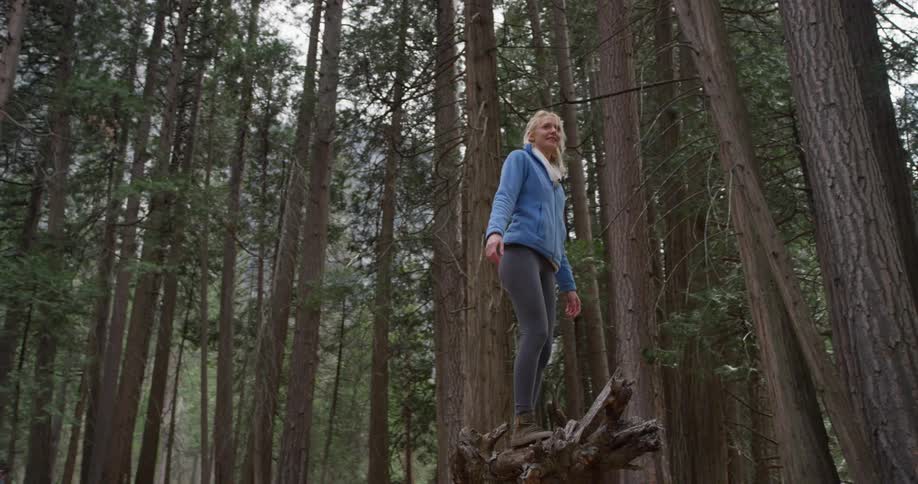 Woman balances walking on a fallen tree in the woods