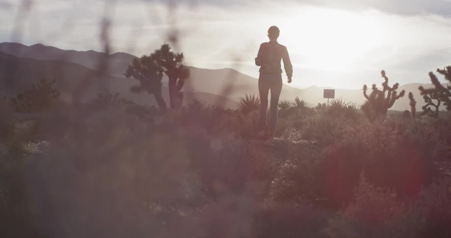 A woman walks through desert brush and past cactus