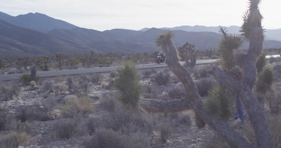 A woman walks in a desert as a motorcycle drives by