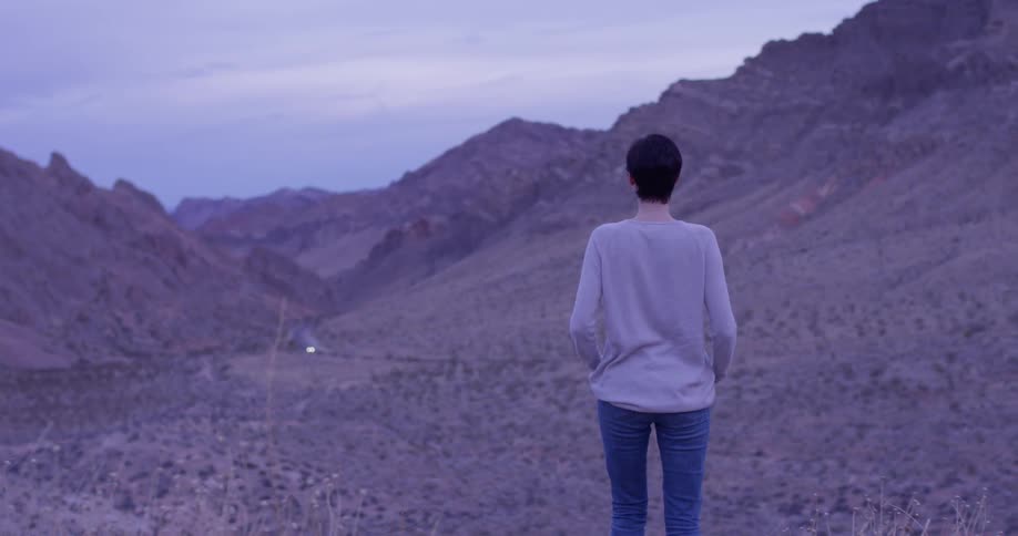 A woman looks out at a desert road with a car traveling on it