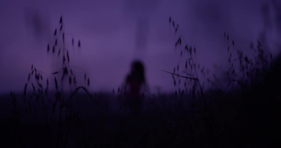A woman walks past tall grass at dusk