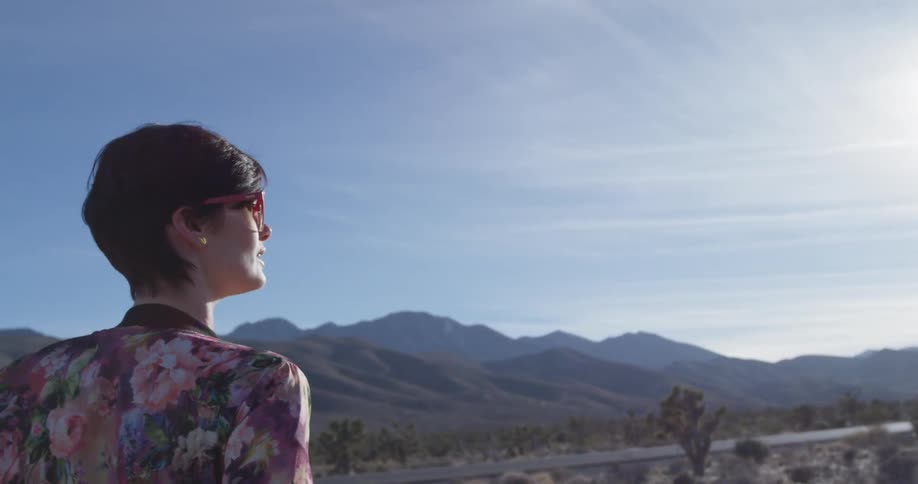 A woman walks alone in a desert