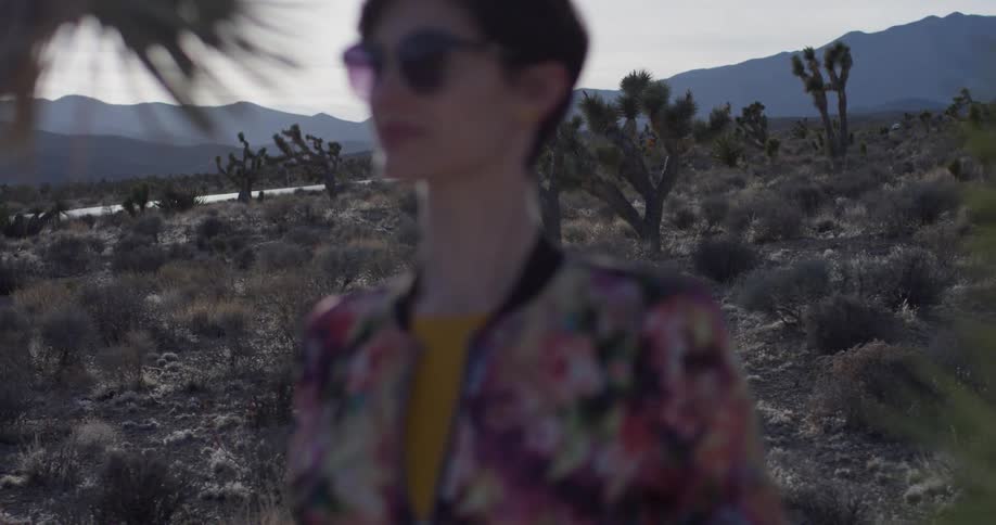 A woman stands in the desert on a cloudy day