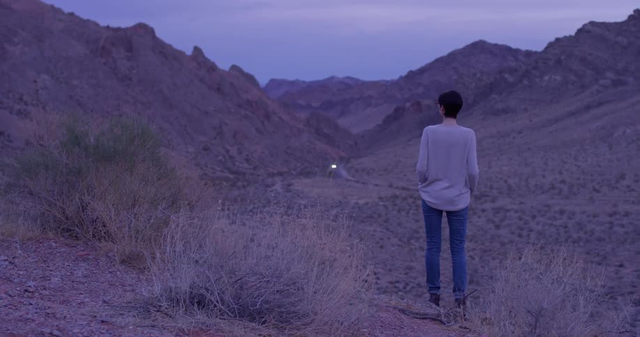 A woman waits in the desert at sunset