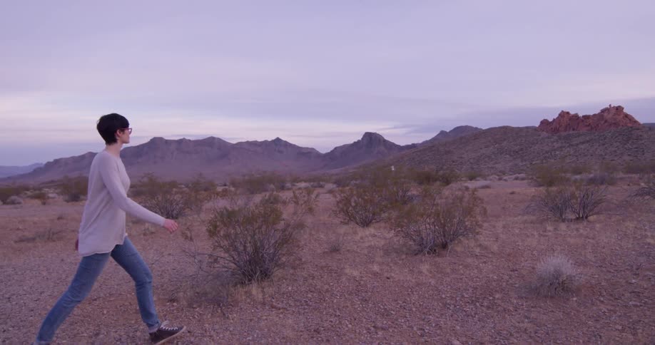 A woman walks alone in a desert at sunset