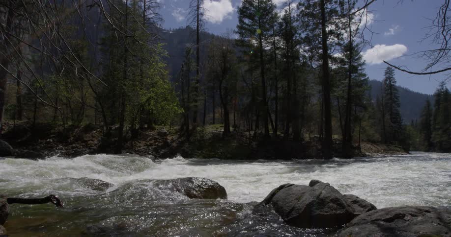 The creek water rushes over the rocks