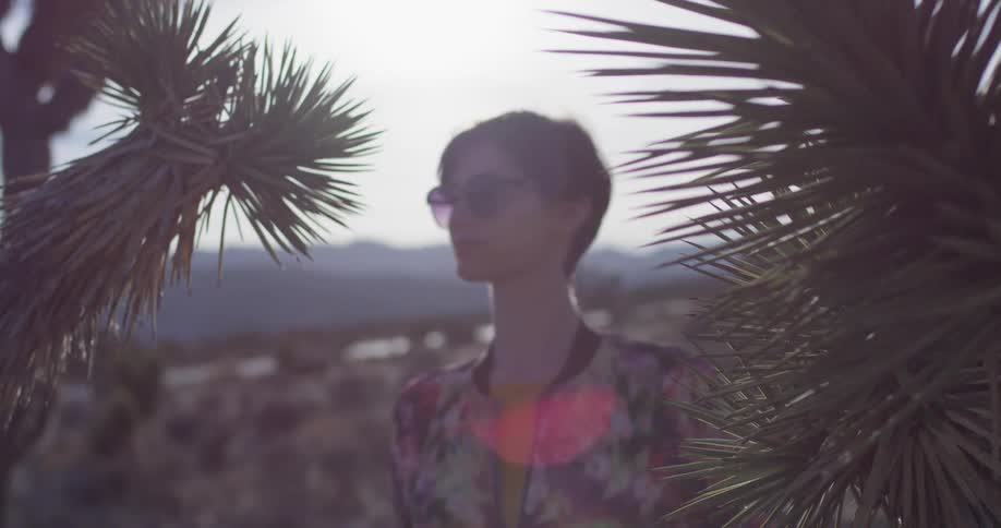 A woman is standing behind a couple of cactus