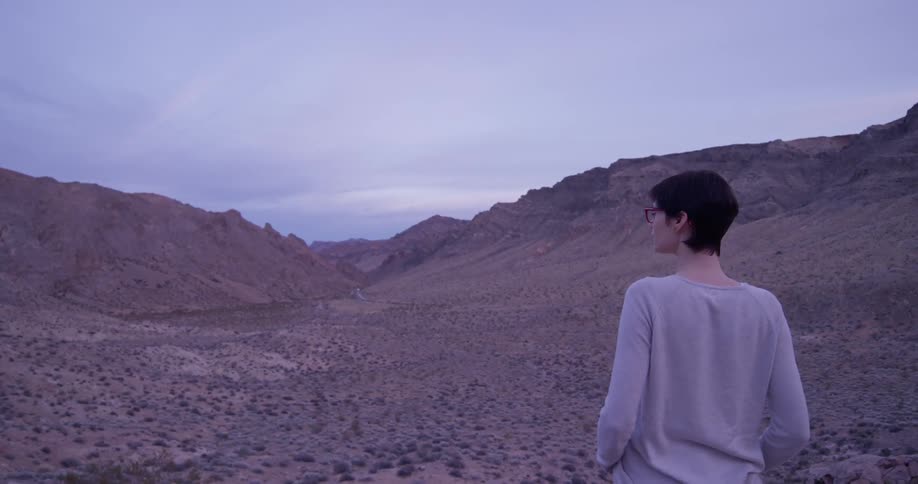 A woman stands alone in a desert